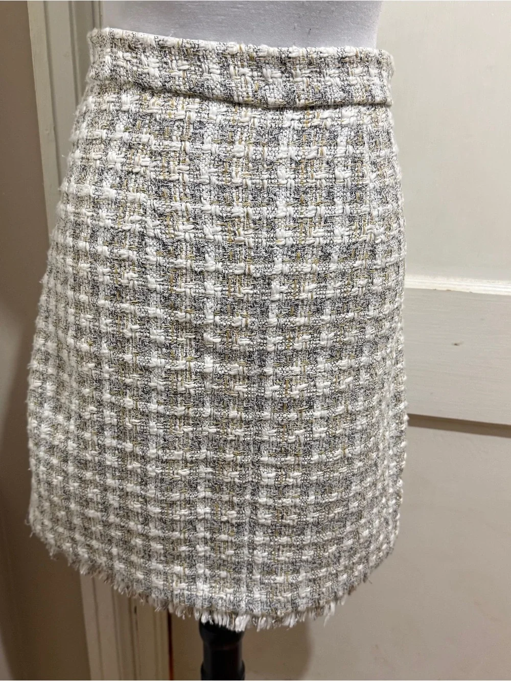 Ann Taylor Bouclé Cream Button-Front Mini Skirt